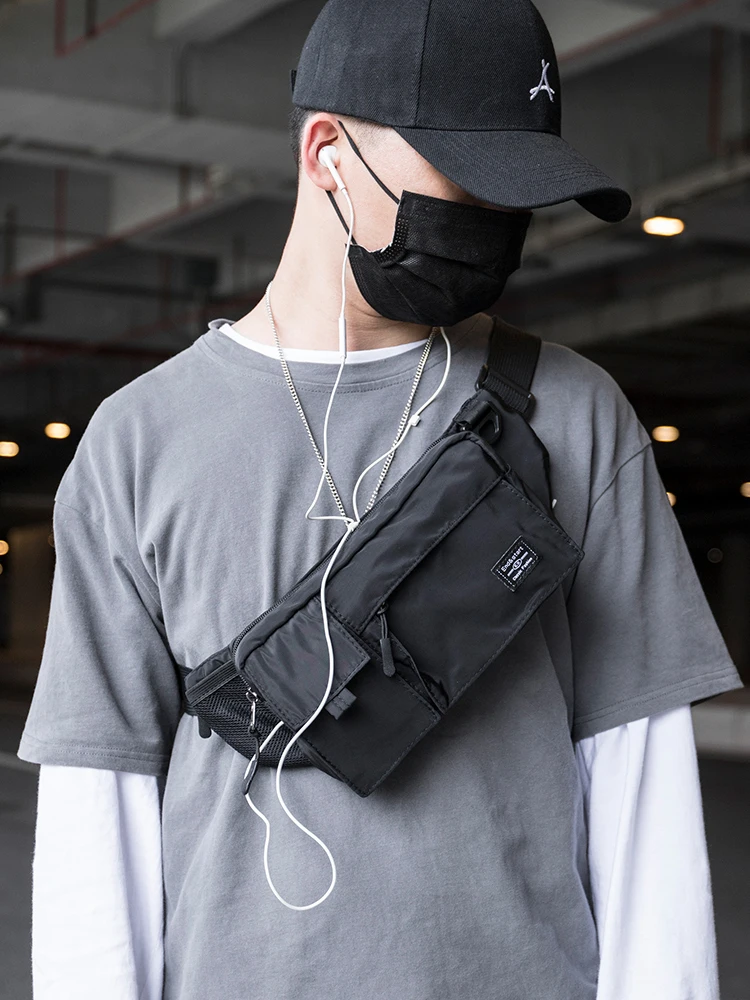ABOYS Trendy Waist Bag Crossbody Outdoor Men's Casual Single Shoulder Backpack Small Nylon Fabric Zipper Closure Street Style