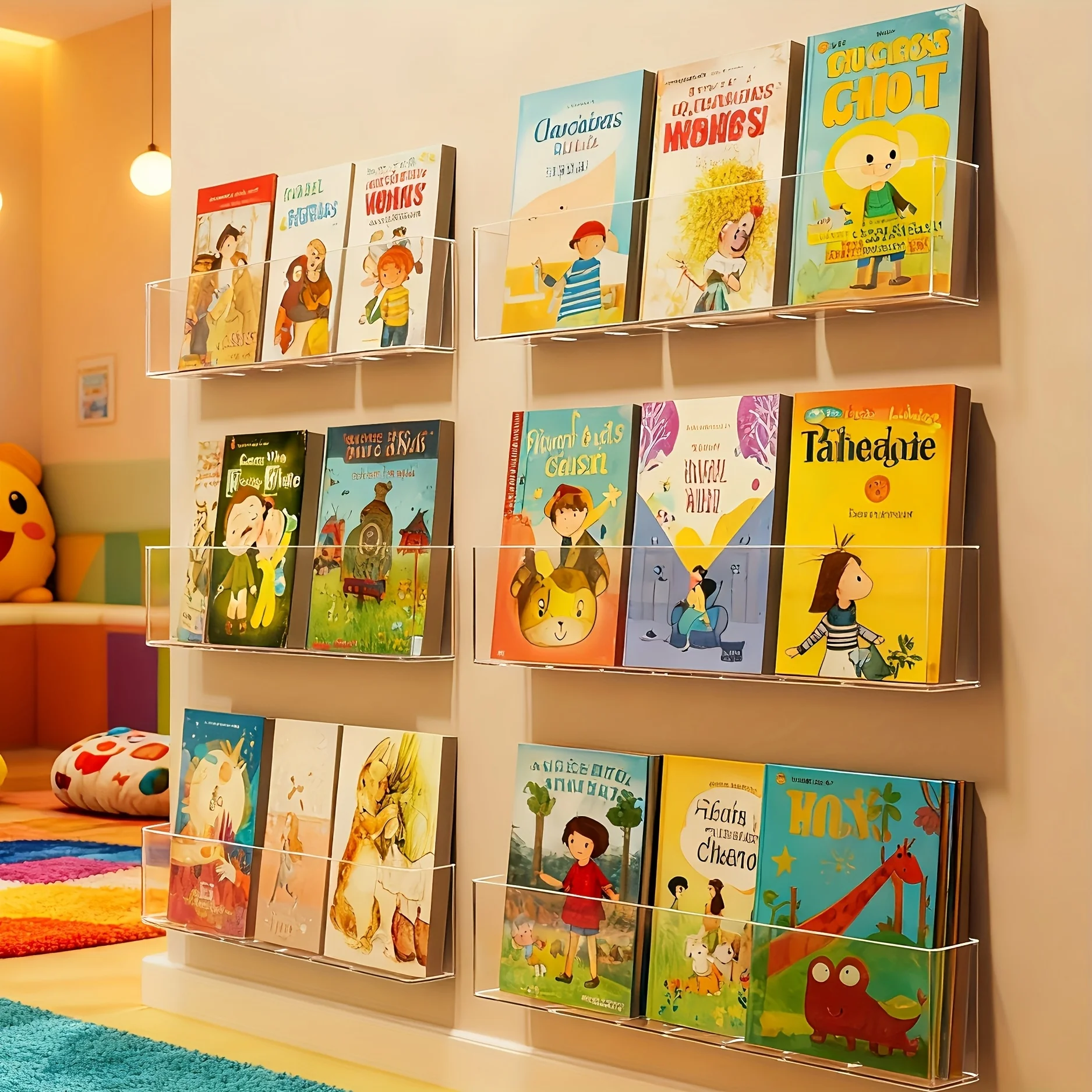 No-Drill Bookshelf, Book Storage Rack Wall Mount, Transparent Acrylic Picture Book Book Display Rack Wall-Mounted Shelf