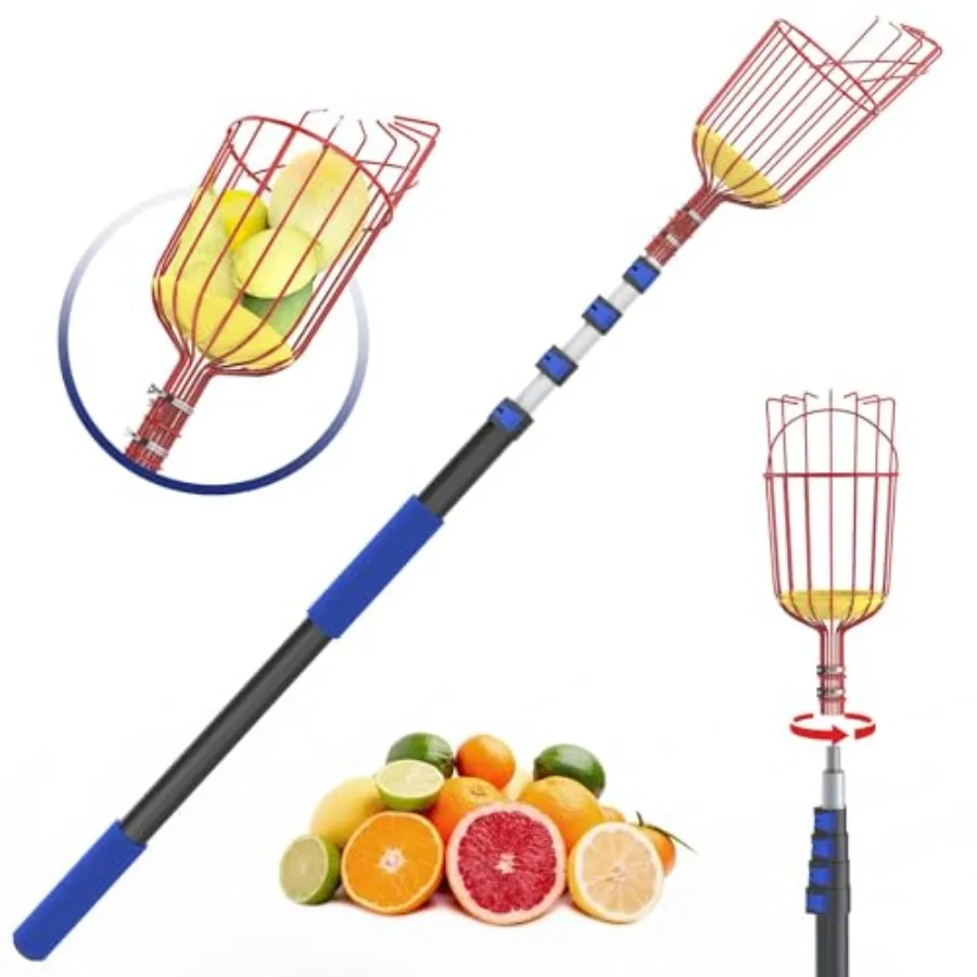 26FT Reach Fruit Picker, 5-20 Foot Sturdy Aluminum Telescoping Fruit Picker Extension Pole with Metal Twist-on Basket, Suit for