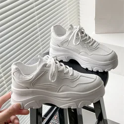 White Women's New Autumn Chunky Sneakers Lace-Up Vulcanize Winter Sports Shoes Casual Flat Fashion Platform Basket Round Head PU