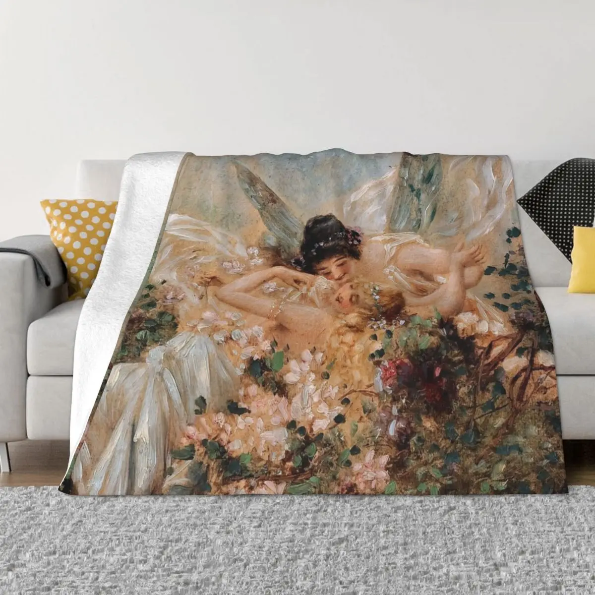 

Two Fairies Embracing in a Landscape with a Swan by Hans Zatzka Throw Blanket For Sofa christmas blanket blanket for winter