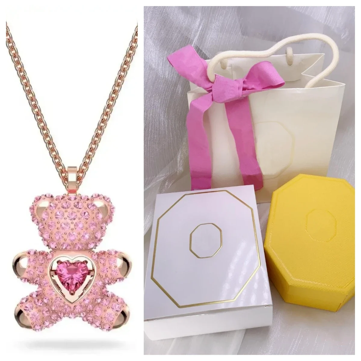 Fashion  New TEDDY Pink Bear Pendant Heart-shaped Red Crystal Rose Gold Necklace Female Fashion eet Dazzling Jewelry