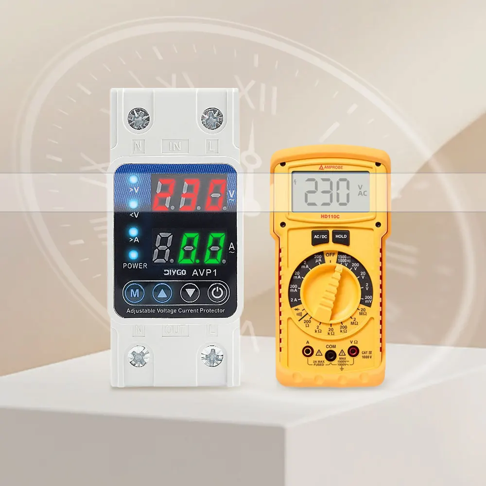 AVP1 2P Din Rail Adjustable Voltage Current Protector Auto Reset Over/Under Voltage & Overcurrent Digital Display Home Protector
