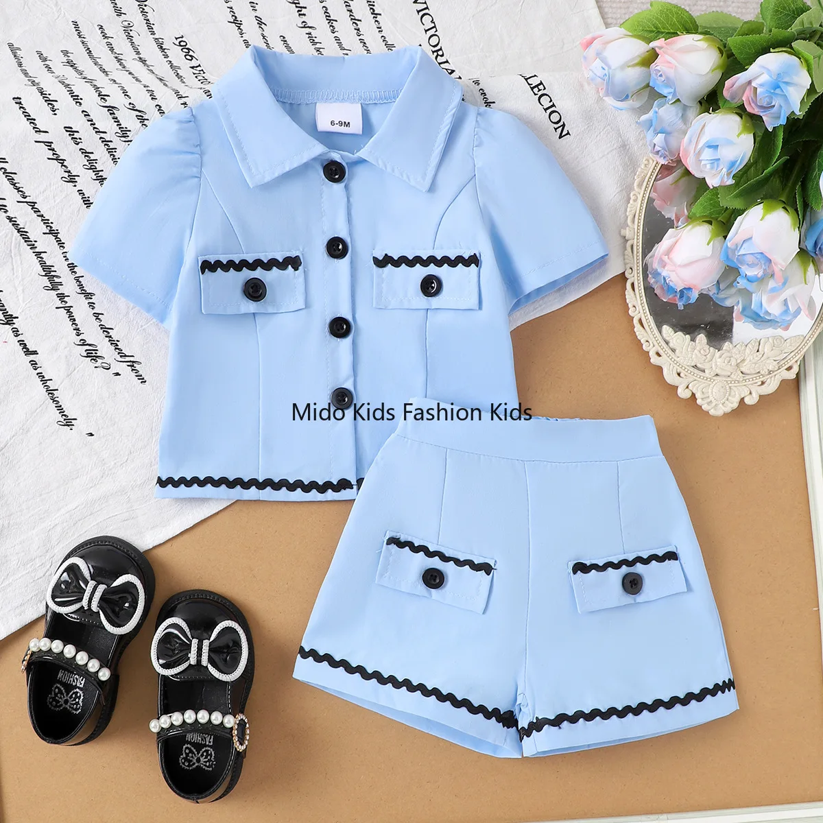 

Летний комплект в стиле Little Fragrance: синяя рубашка с коротким рукавом и шорты, 2 предмета, модный детский наряд, детская одежда
