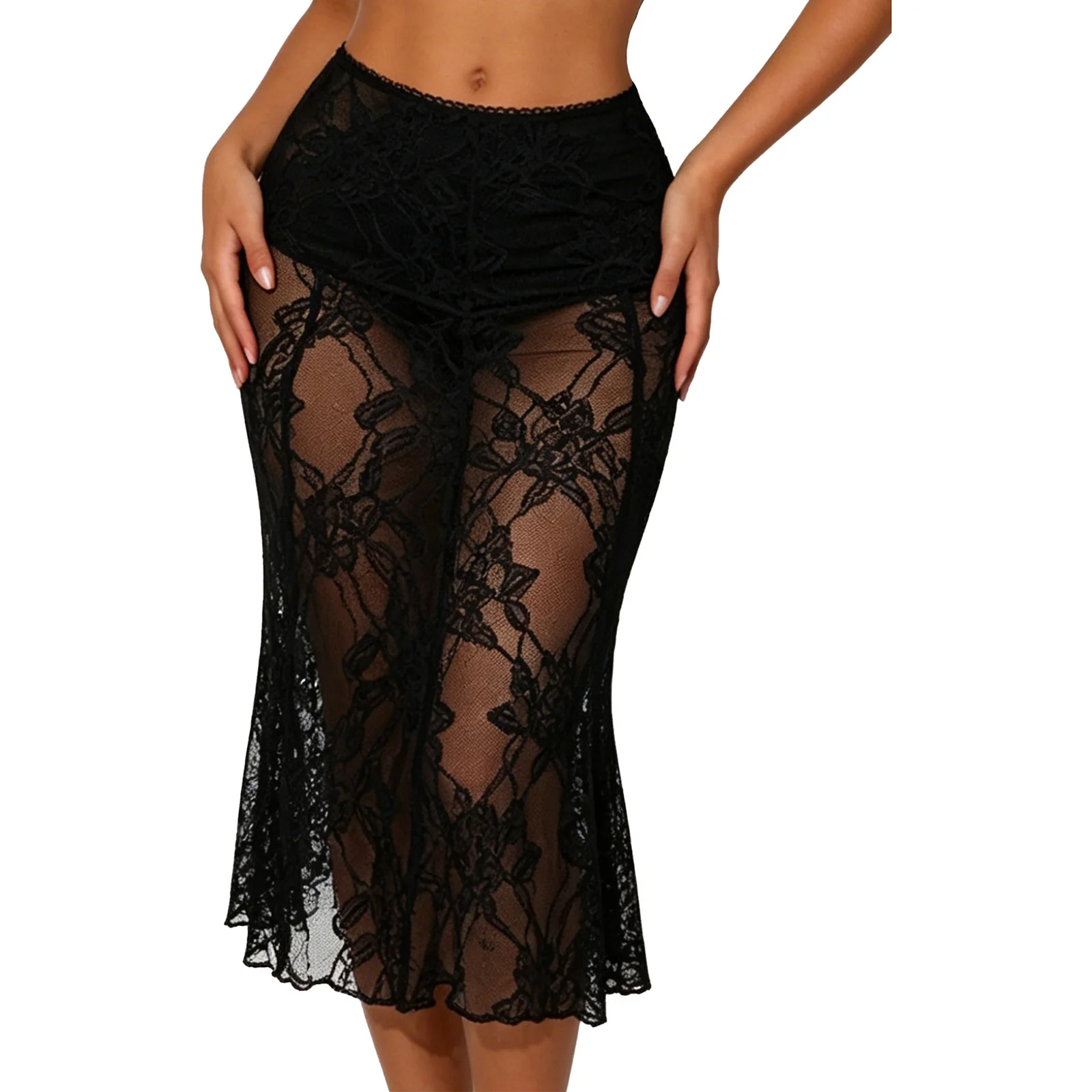 Women Lace Mermaid Skirt See Through Floral Lace Dress Elastic High Waist Midi Skirt Cover-up Skirt for Vacation Beach Party