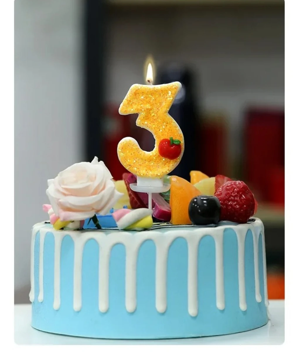 Vela de pastel con números de 0 a 9, decoración de pastel de cumpleaños de manzana, velas de cumpleaños para niños para Navidad, velas amarillas con brillante