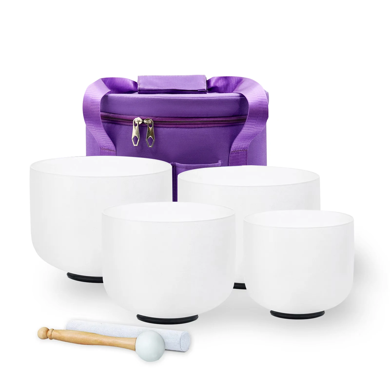 Hye-eun 8-14 Inch 4pcs Large Frosted Quartz Crystal Singing Bowls Set Chakra for Sound Healing and Meditation with Carry Bag