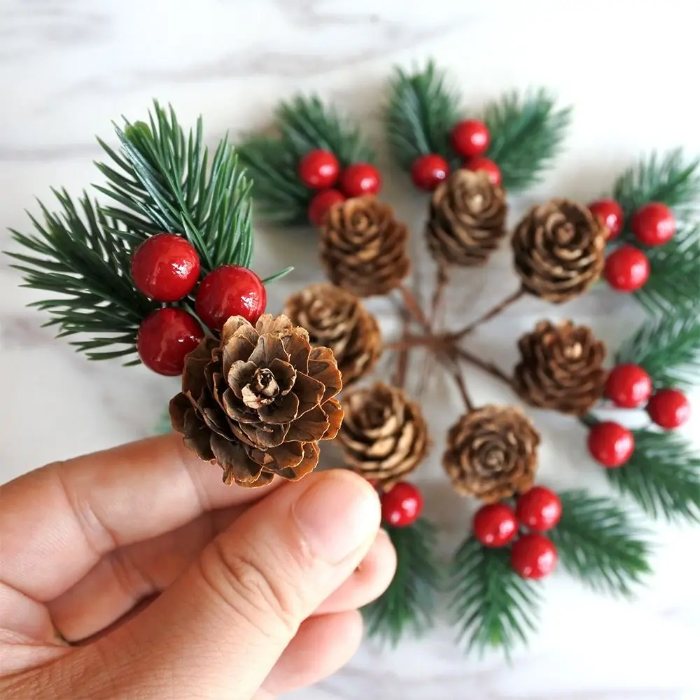 10PCS Artificial Floral Decor Christmas Pine Cone Red Christmas Berry DIY Home Xmas Gift Box Decor Pine Cone Christmas Ornament