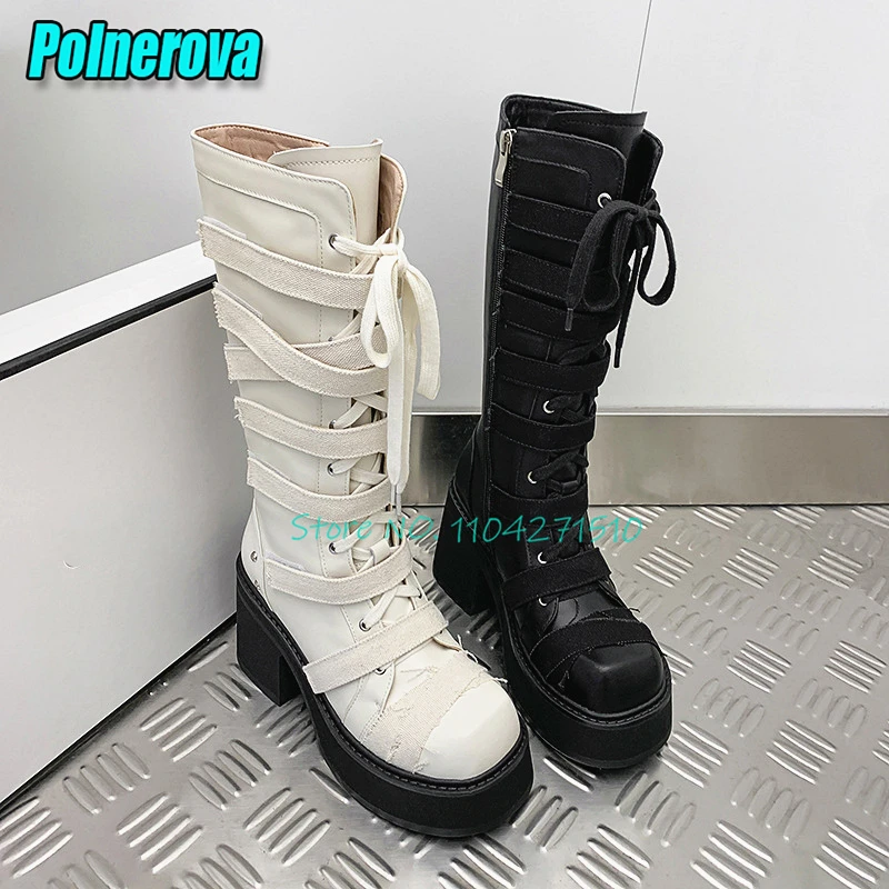 Round Toe Thick Soled Zipper Knight Boots White Black Cross Strap Chunky Heel Knee High Boots Fashion Cosplay Women's Shoes