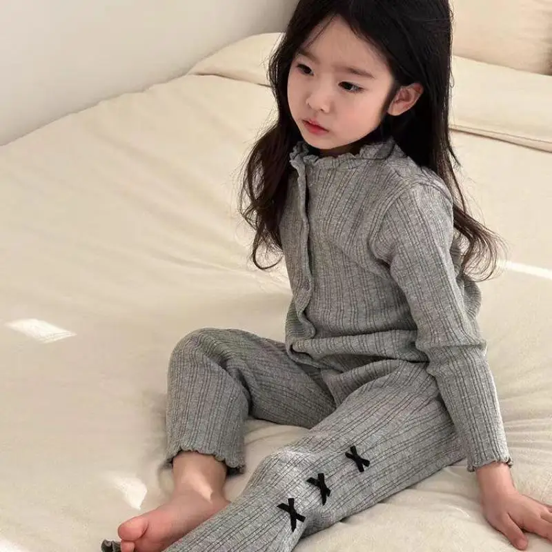

2025 Autumn New Children Long Sleeve Clothes Set Girls Ribbed Cardigan + Bow Flared Pants 2pcs Suit Kids Cotton Casual Outfits