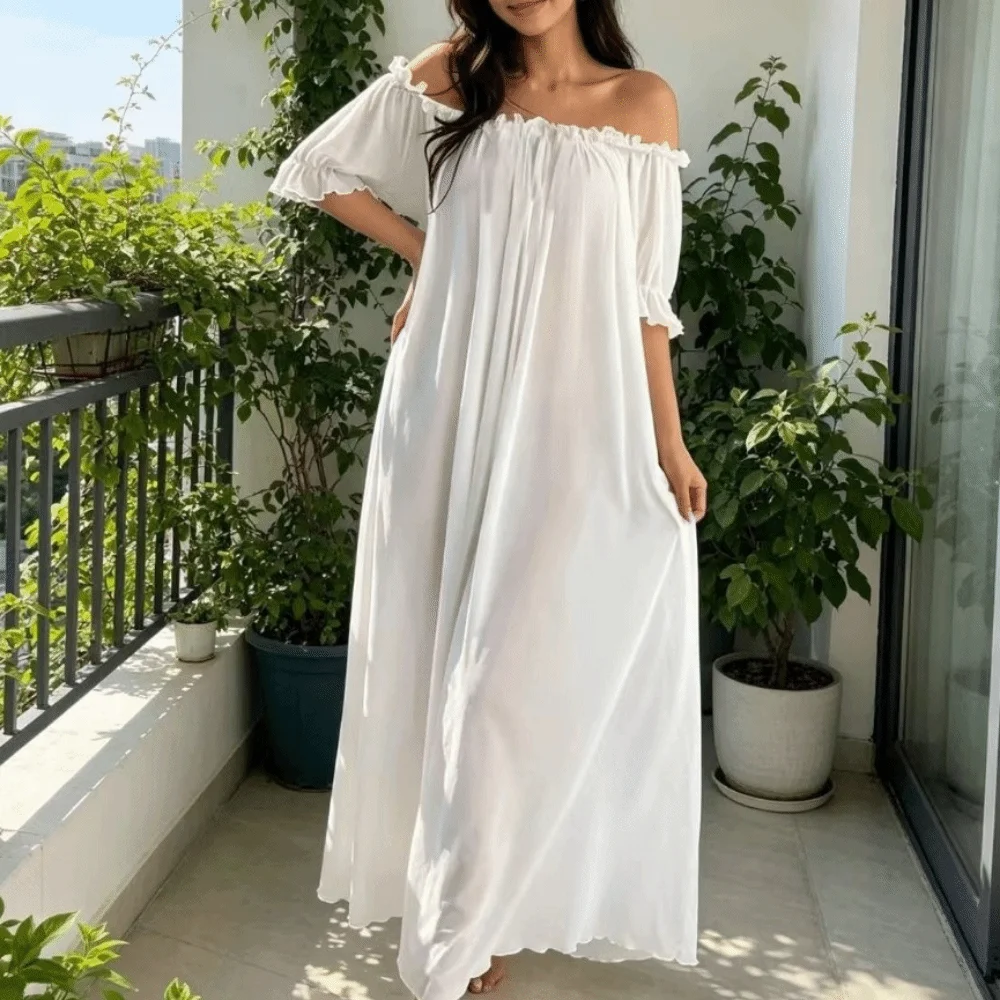 Sleepwear Off Shoulder Sheer Nightgown V-neck Short Sleeve Ladies' Nightwear Ruffle Transparent Long Sleeping Dress Vacation