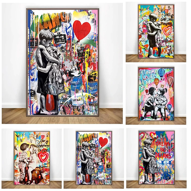 

Banksy Pop Wall Art Kids Hugging Graffiti Street Art Canvas Painting Artwork Posters and Prints Anniversary Gift Home Room Decor