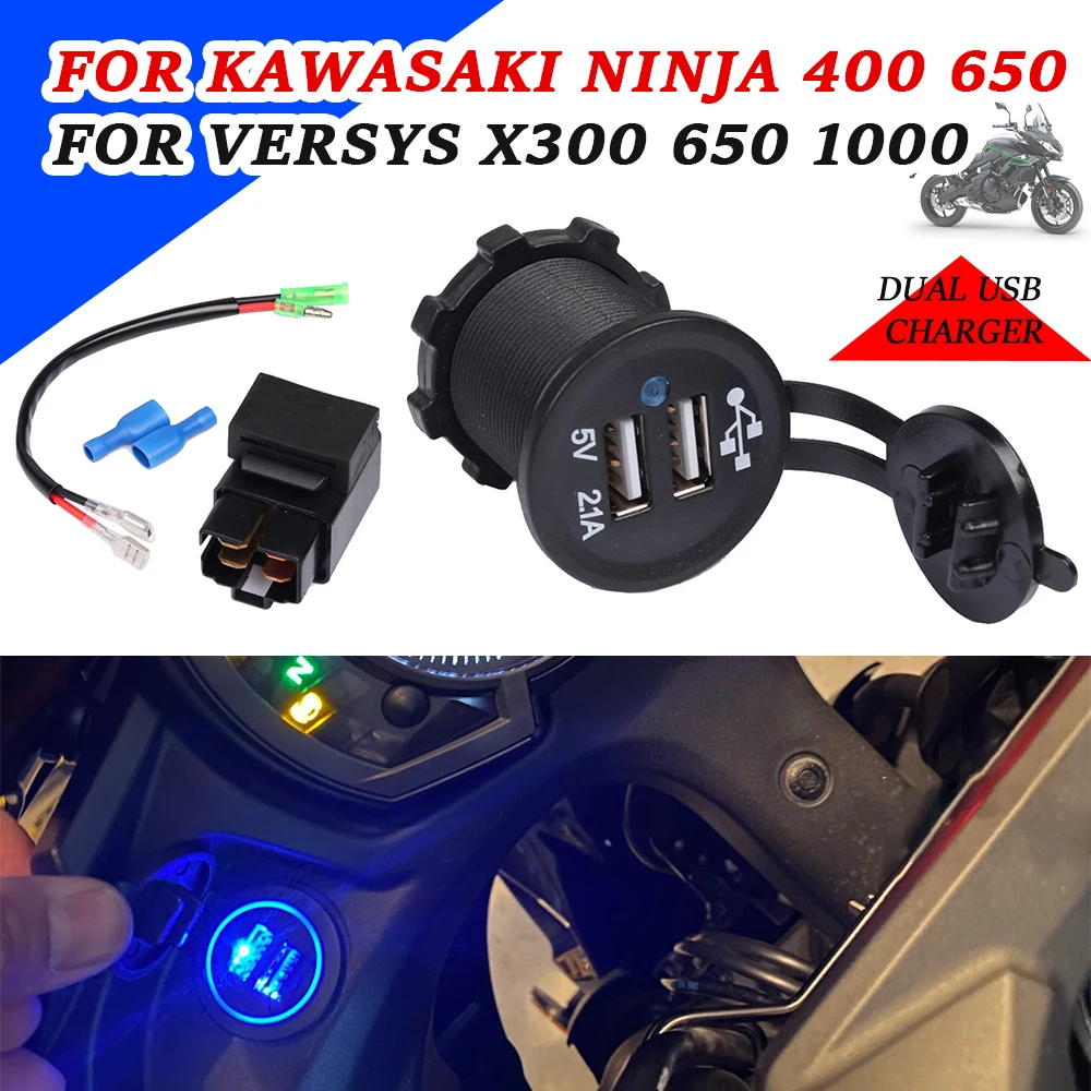 For Versys 650 1000 Dual USB Fast Charger Socket Motorcycle Quick Charge With Relay For Kawasaki Versys650 Versys1000 VersysX300