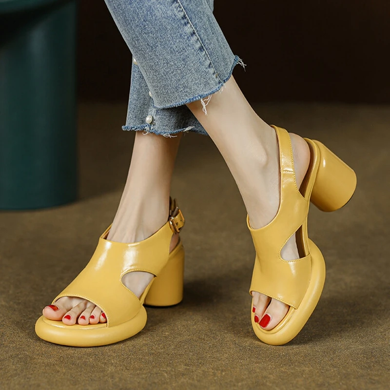 Summer Woman Sandals Split Leather Women Platform Shoes Round Toe High Heels Yellow Shoes Open Toe Chunky Heel Sandals for Women