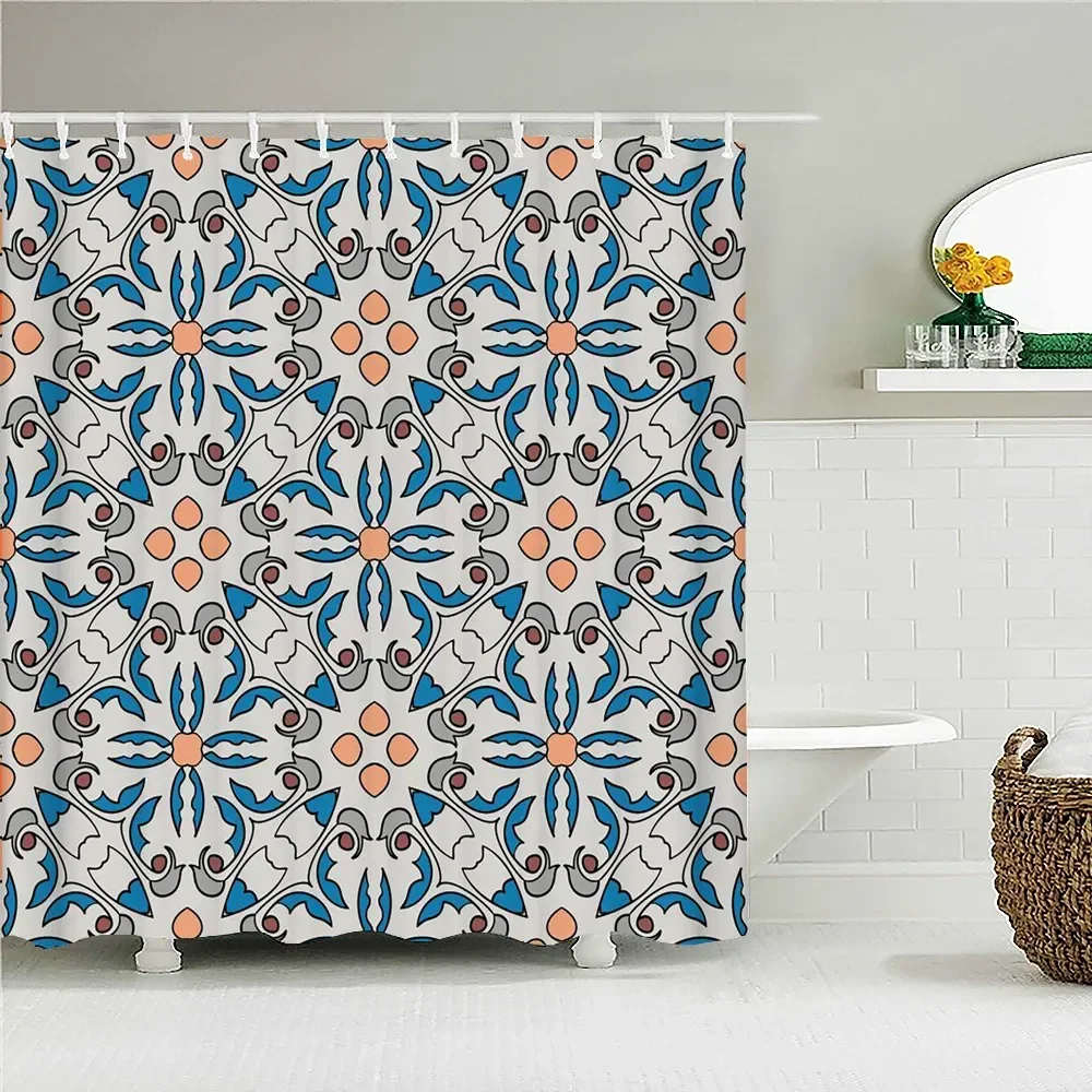 Bohemian 3D Shower Curtain, Indian Mandala Flower Green Blue Chic Color Modern Pattern Bathroom Fabric Home Decor Shower Curtain