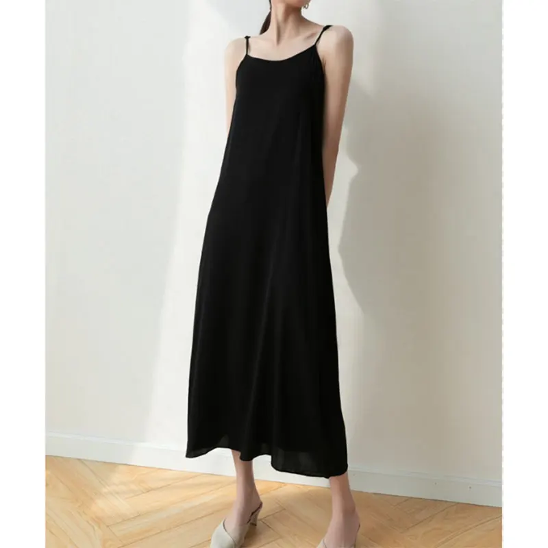 Women 93% Mulberry Silk 7% Spandex 16 Momme Black Adjustable Straps Full Slip Chemise Extended Long Maxi Dress M L XL MM008