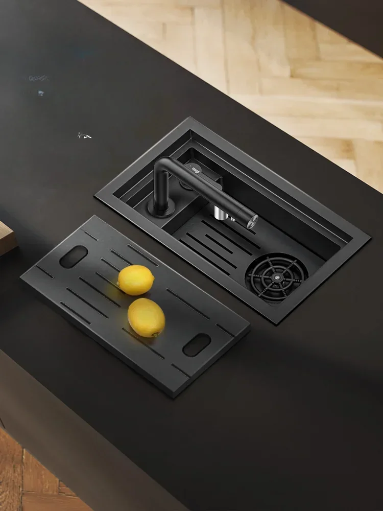 

Hidden small sink in the middle island of the bar, single sink with cup washer, hidden black nano narrow small vegetable basin