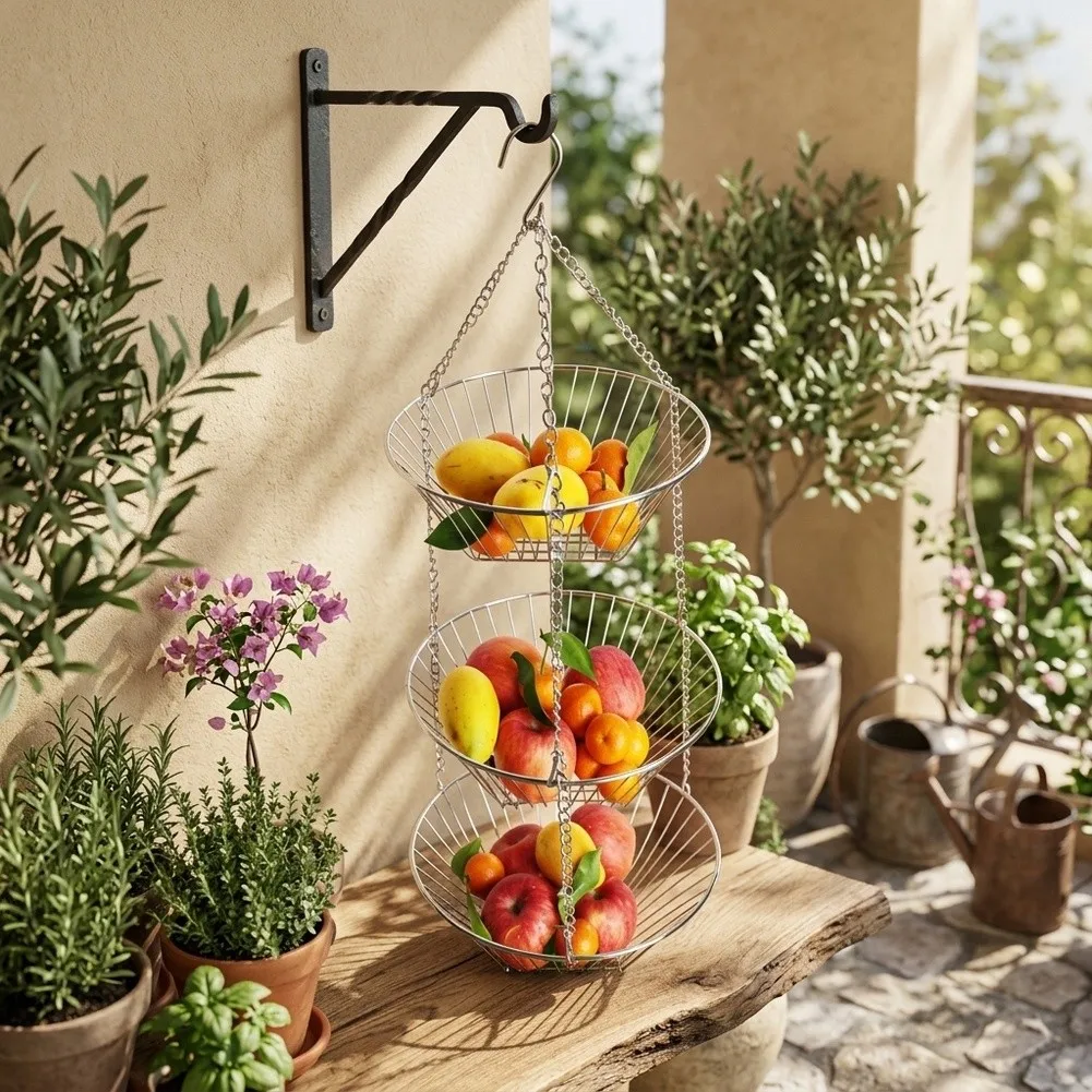 Chrome Hanging Fruit Basket 3 Tier Vertical Wire Storage Rack Adjustable Height & Detachable Levels 11 x 11 x 32 Inches