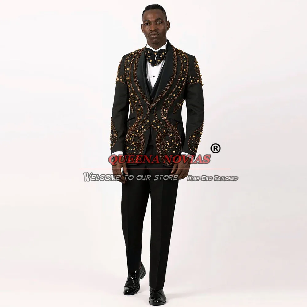 Luxury Wedding Suits For Men Beading Blazer Set Tailor-Made 3 Pieces Jacket Vest Pants Banquet Prom Party Dress Male Clothing