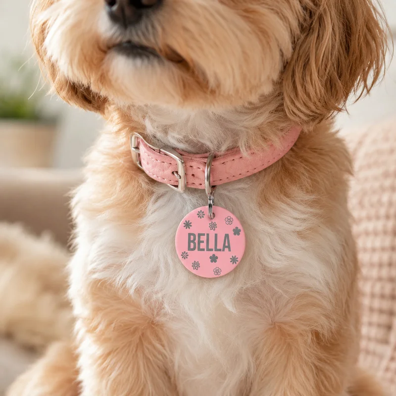 Custom Silicone Pet Tag Personalized Dog Cat ID Tag Engraved Name Phone Address Round Flower Pendant with Split Ring