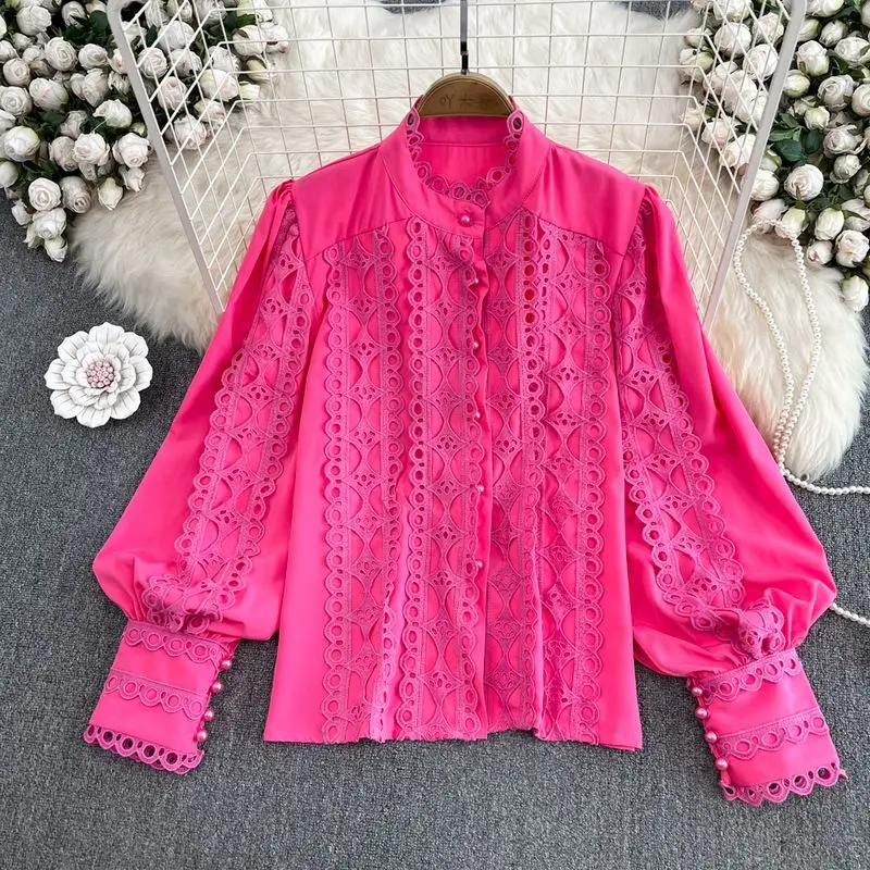 Autumn Purple/Rose Red/White Hook Flower Hollow Out Lace Blouse Women Vintage Stand Collar Lantern Long Sleeve Shirt New Blusas