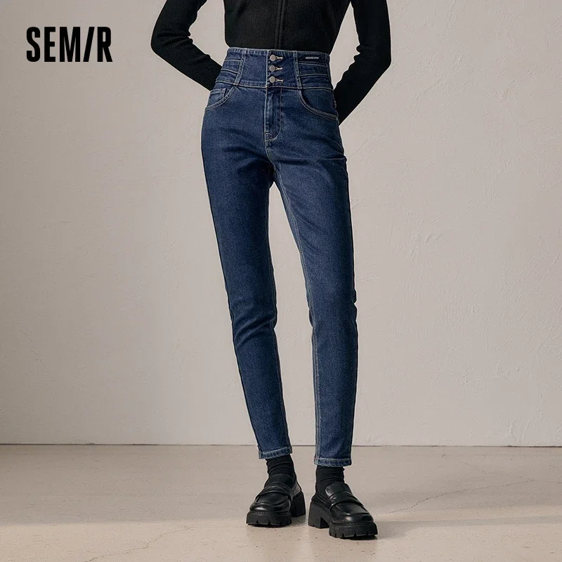 Semir Jeans Women Solar Heated Fleece High Waist Trousers 2023 Winter New Slim Fit Pants