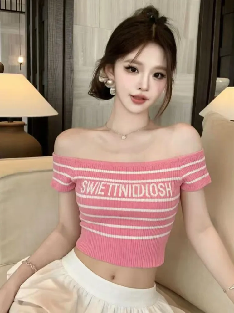 

Sexy Stripe Letter Print One-Shoulder Knitted T-Shirt Women's Summer Short Sleeve Top High Waist Korean Style Breathable Skin...