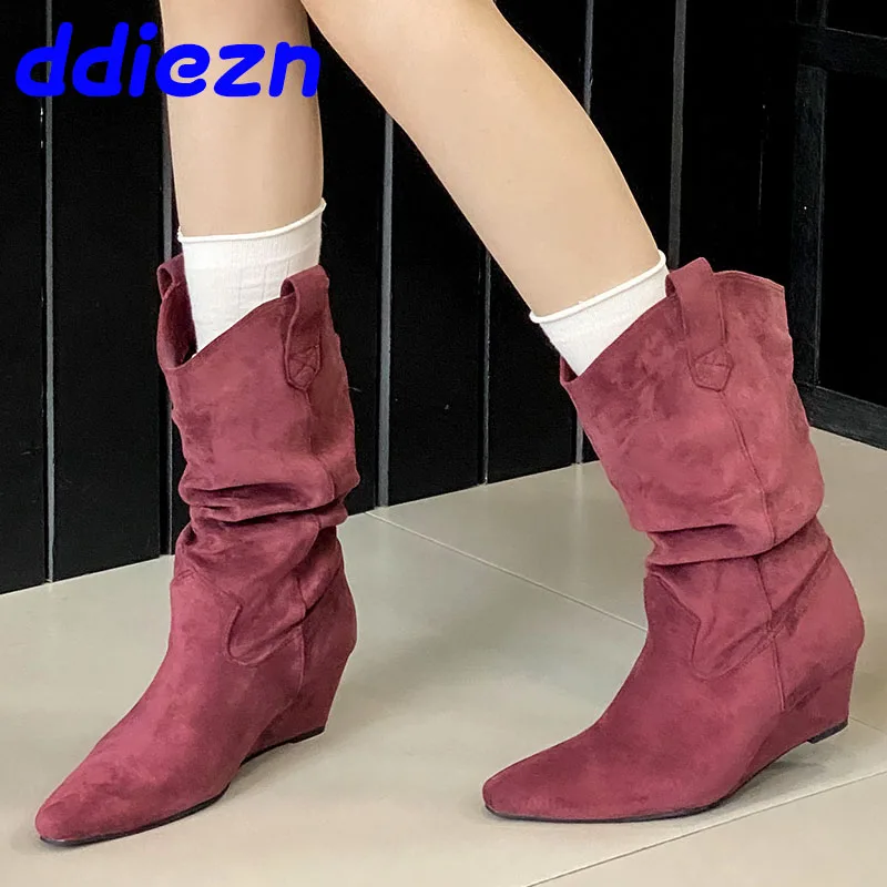 

Female Footwear Pointed Toe Ladies Mid-Calf Boots With Wedges Shoes Fashion Pleated Women Chelsea Booties Slip On Shoes