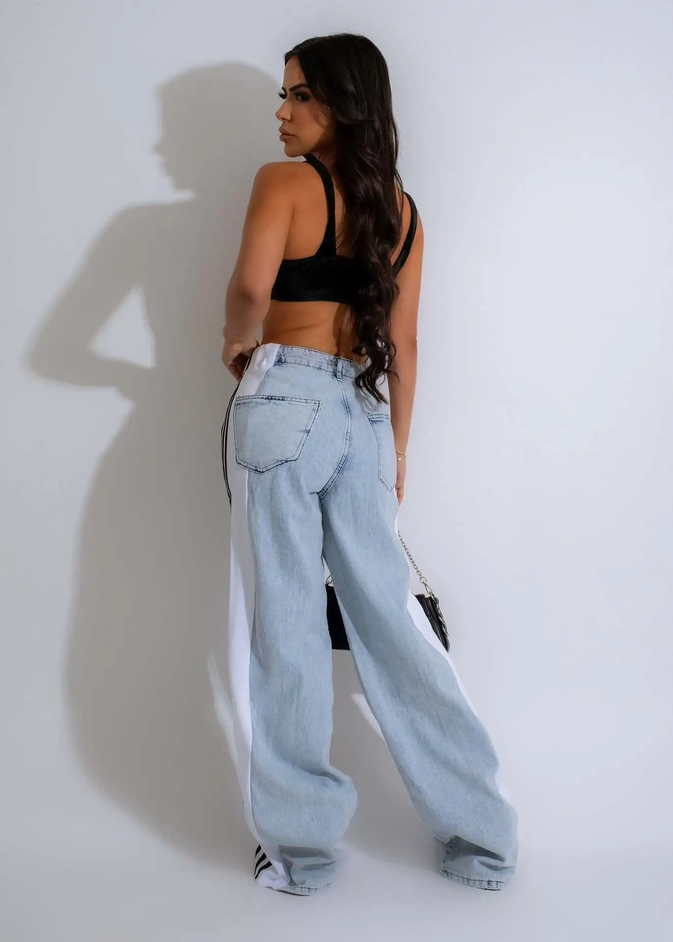 Women\'S Denim Pants Summer Fashion Side Patchwork Striped Wide Leg Jeans Lady Casual High Waist Elastic Denim Straight Leg Pants