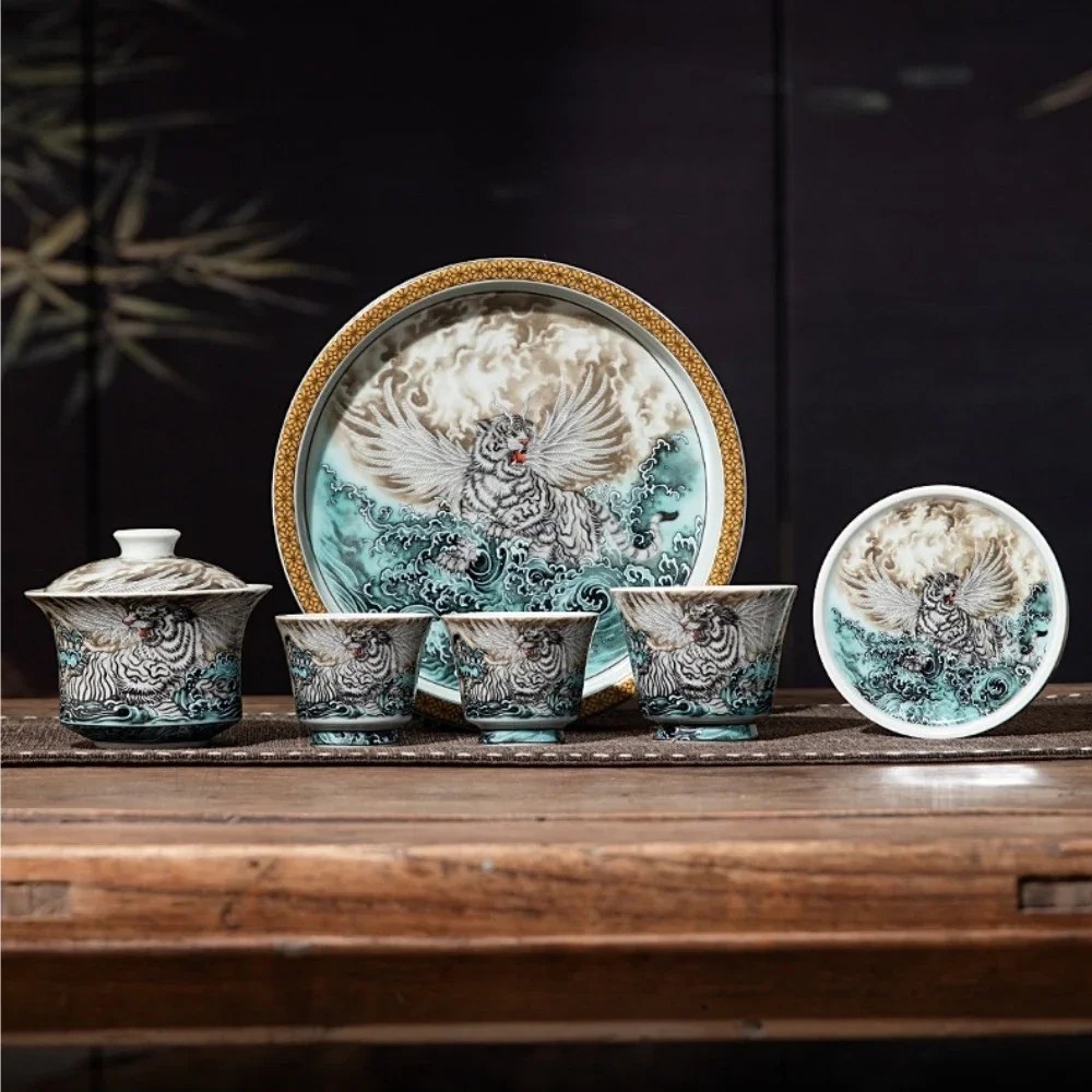 Hand Painted Tiger Cover Bowl Ceramic KungFu Cover Bowl Teacup Master Cup Household Dry Bubble Plate Cover Holder Craft Ornament