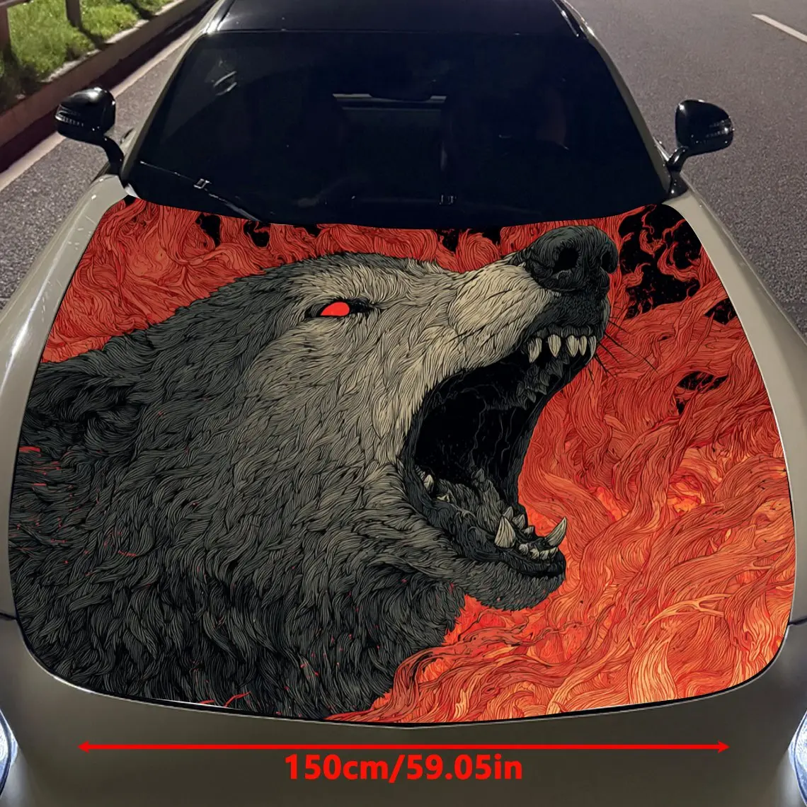 Car Decals Bears with Thick Fur, Fierce Roaring Expression, and a Fiery Orange - Themed Backdrop Car Hood Sticker, Waterproof Se