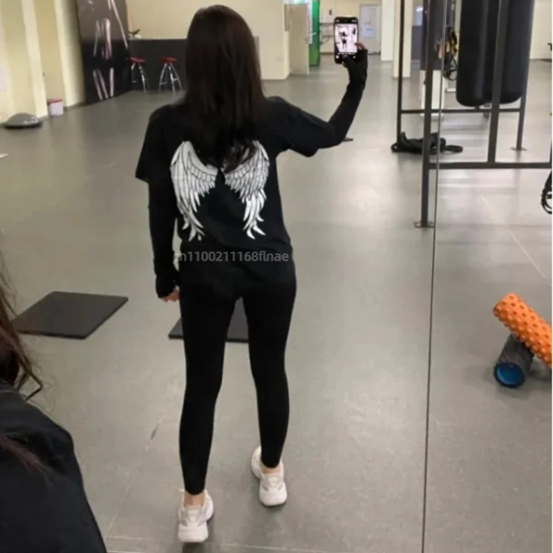 천사 날개가 인쇄된 여성 스트리트 댄스 의류 반팔 티셔츠, 여성 여름 복고풍 트렌드 인쇄 힙합 패션