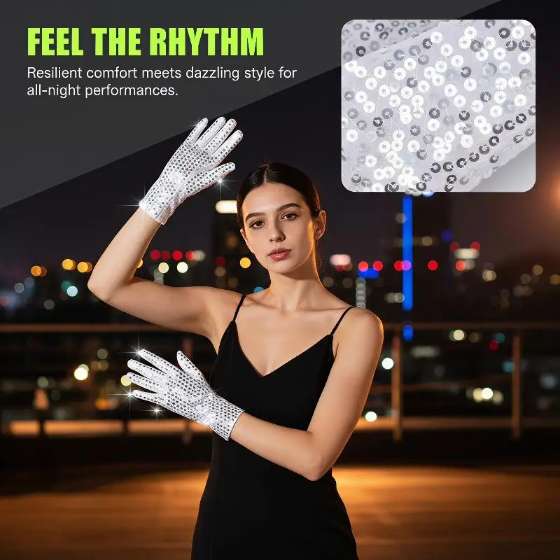 1 Paar glitzernde Tanzkostüm-Accessoires, silberfarbene, glänzende Netzhandschuhe für Bühnenauftritte, Partys, Halloween-Kostüme, Cosplay, Damen. – Detail 6
