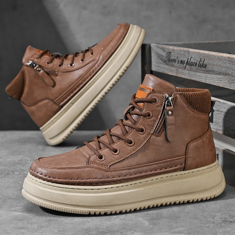 

Autumn and Winter High top Shoes Men Brown Casual Sneakers Thick-soled Leather Sneakers Men Skateboard Shoes Comfortable