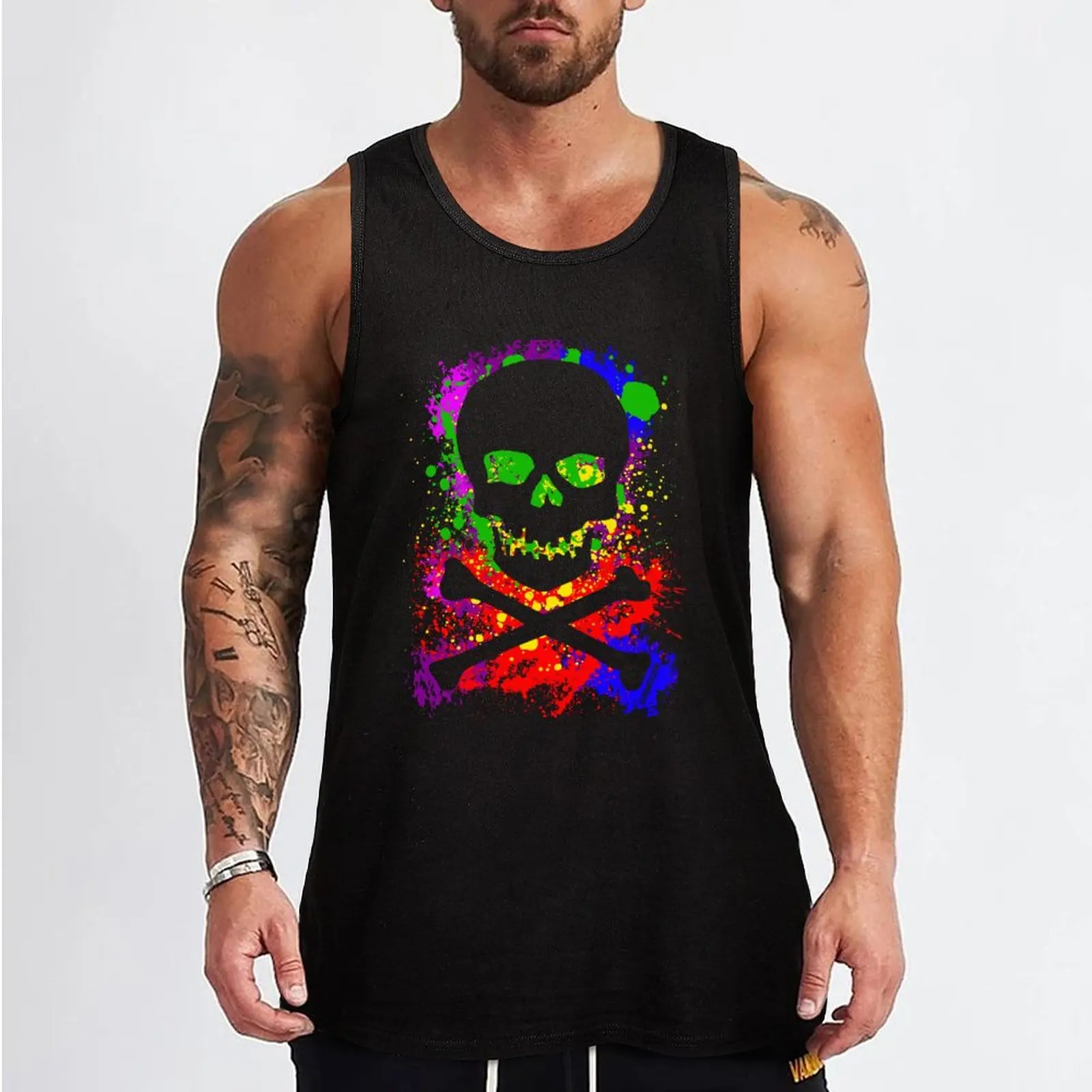 Paint Splatter Skull Tank Top t shirts Short sleeve fitness