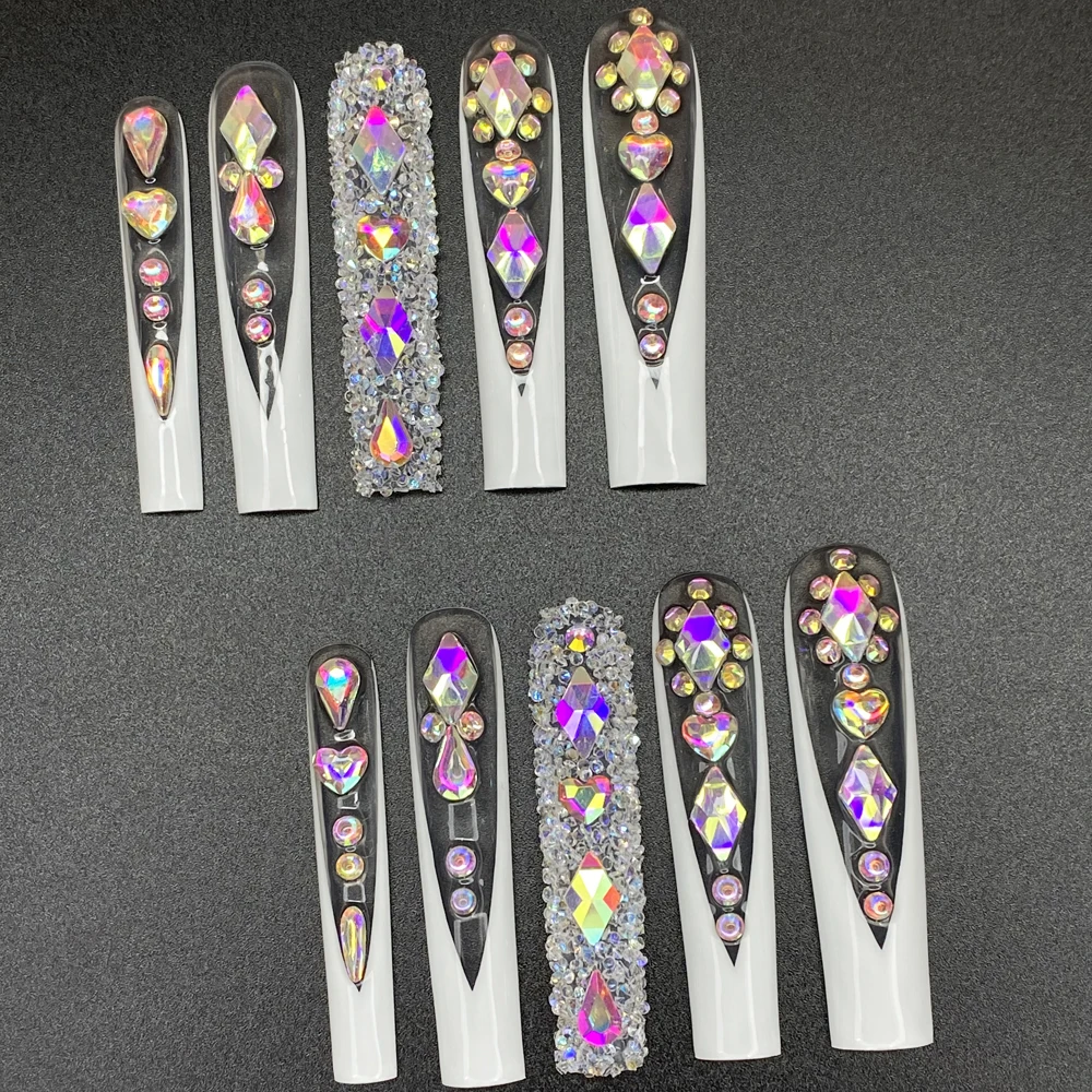 10PCS Y2K Extra Long Multicolor French Style Press On Nails Full Coverage Shiny Crystal 3D Flower 55MM Handmade Nails Press On