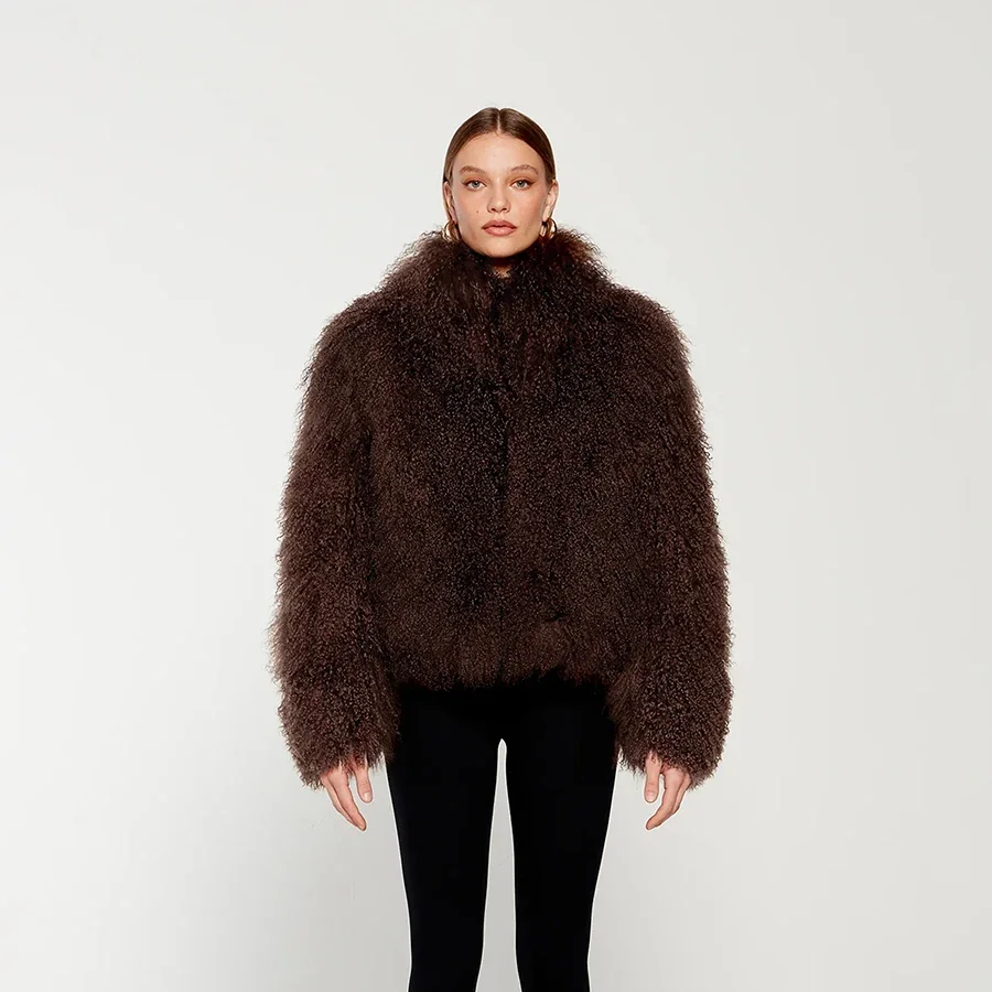 여성 천연 모피 코트 진짜 몽골 모피 코트 곱슬 양고기 모피 코트 높은 칼라 겨울 따뜻한 자른 모피 자켓 럭셔리