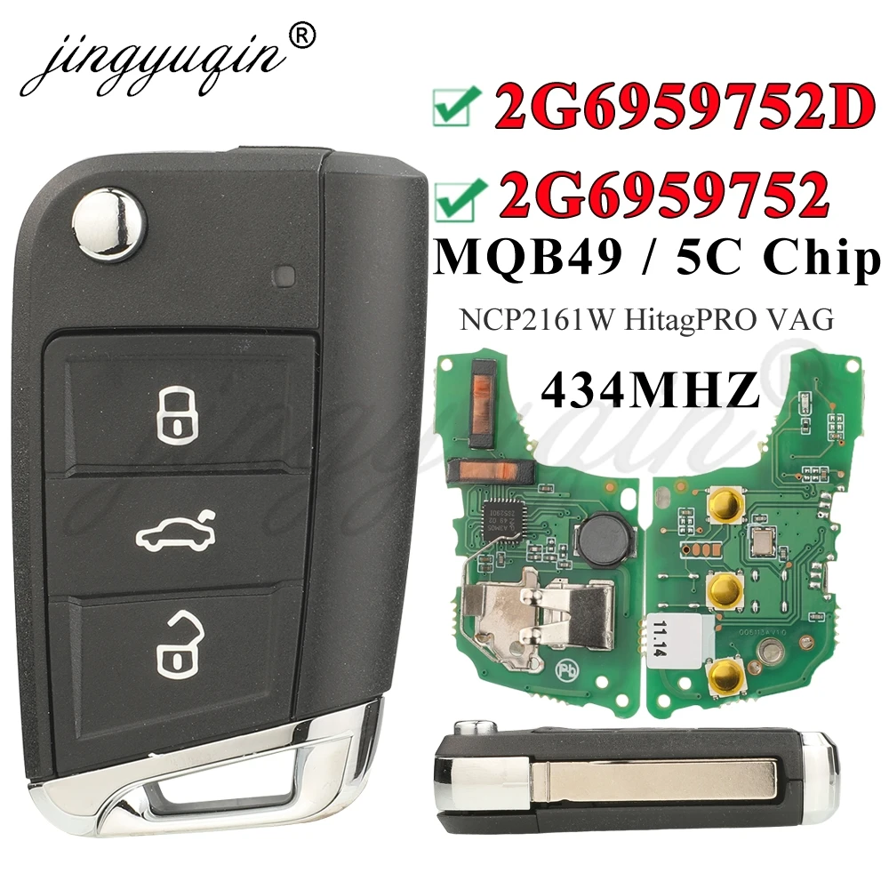 jingyuqin 433MHz 5C/MQB49 Remote Car Key for VW T-Cross POLO 2019+ SKODA GOLF SEAT 2G6959752 /2G6959752D Keyless Fob aftermarket