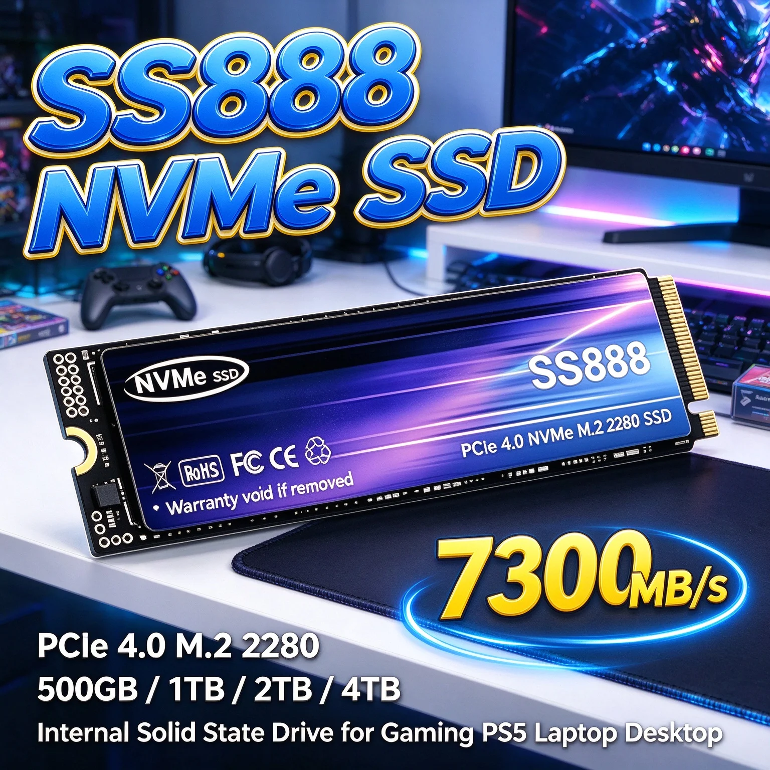 SS888 M.2 NVMe PCIe 4.0 SSD 7300MB/S Business Gaming PC Laptop 500GB 1TB 2TB 4TB Embedded Solid State Drive Fast Speed