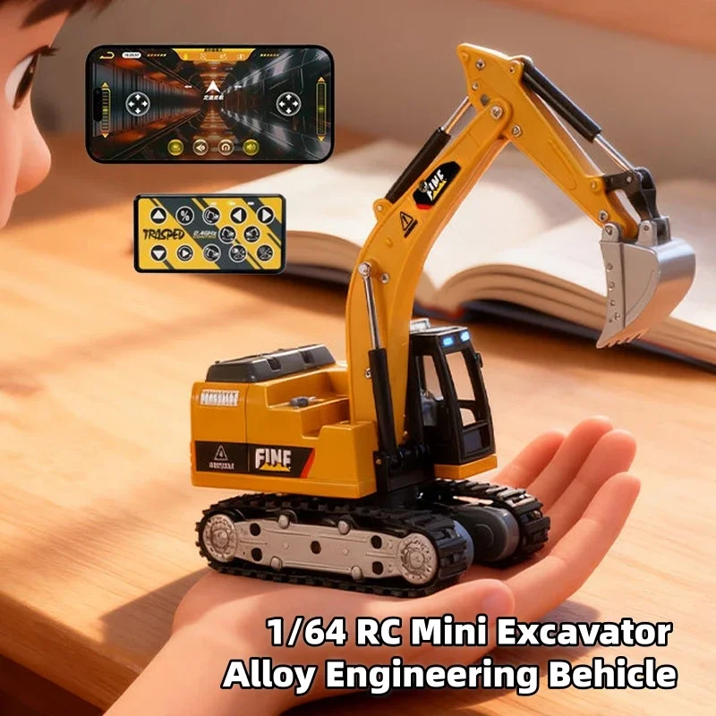 1/64 Mini Excavator RC Truck Children Toy Desktop Alloy Remote Control Excavator Simulated Engineering Vehicle Toy Car Xmas Gift