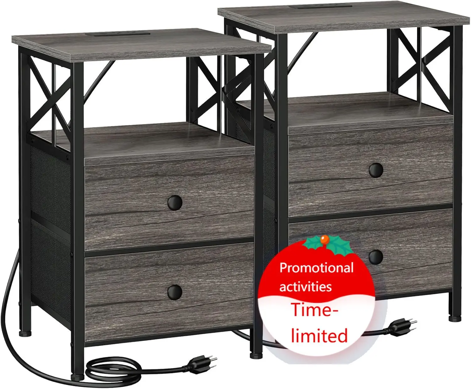 

Nightstand Set End Tables Living Room Bedside Tables Bedroom Fabric Drawers USB Ports Outlets Charging Station Dark Grey