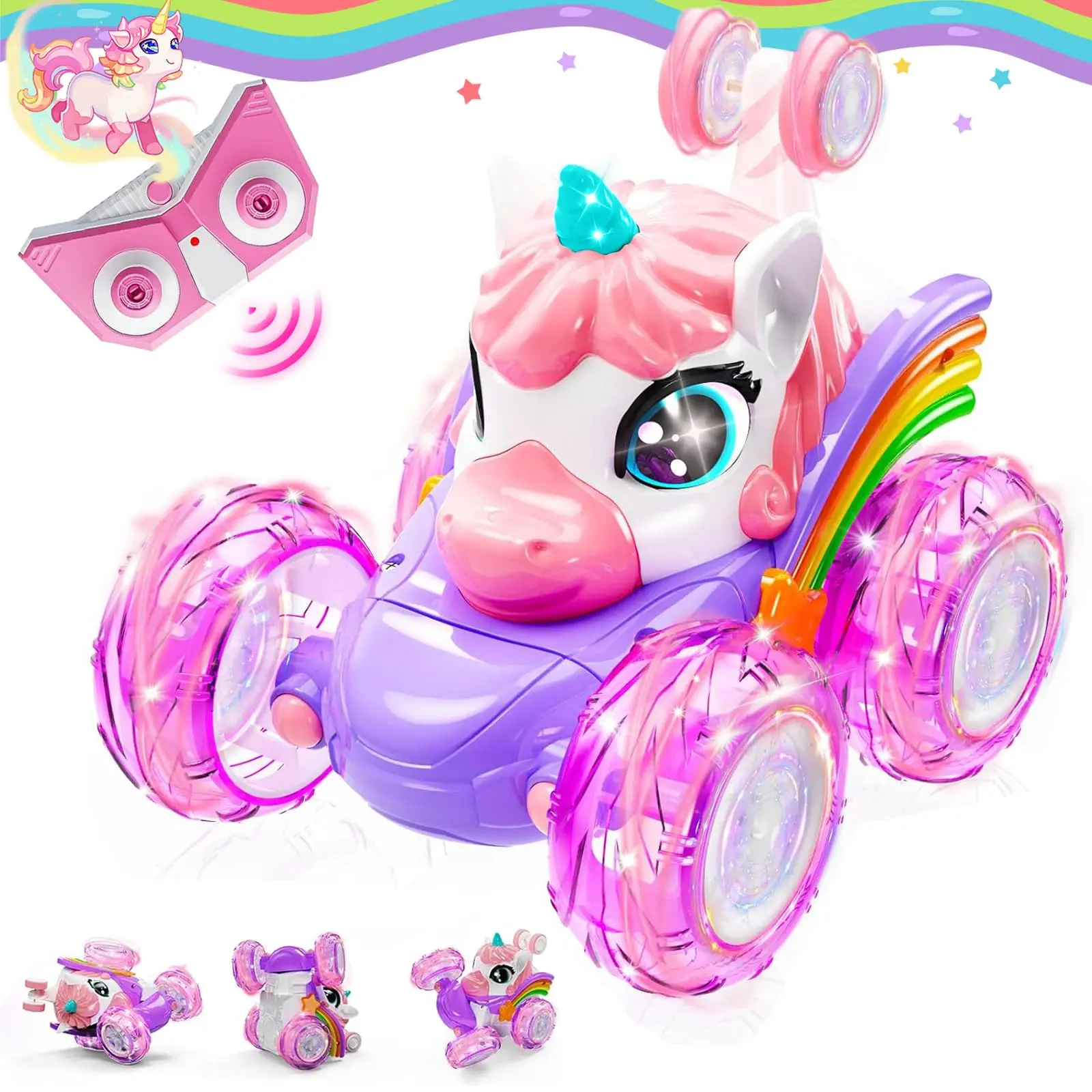 

360° Rotating 4WD RC Unicorn Stunt Car with Cute Lights Rechargeable Cartoon Toy Girls Birthday Gift