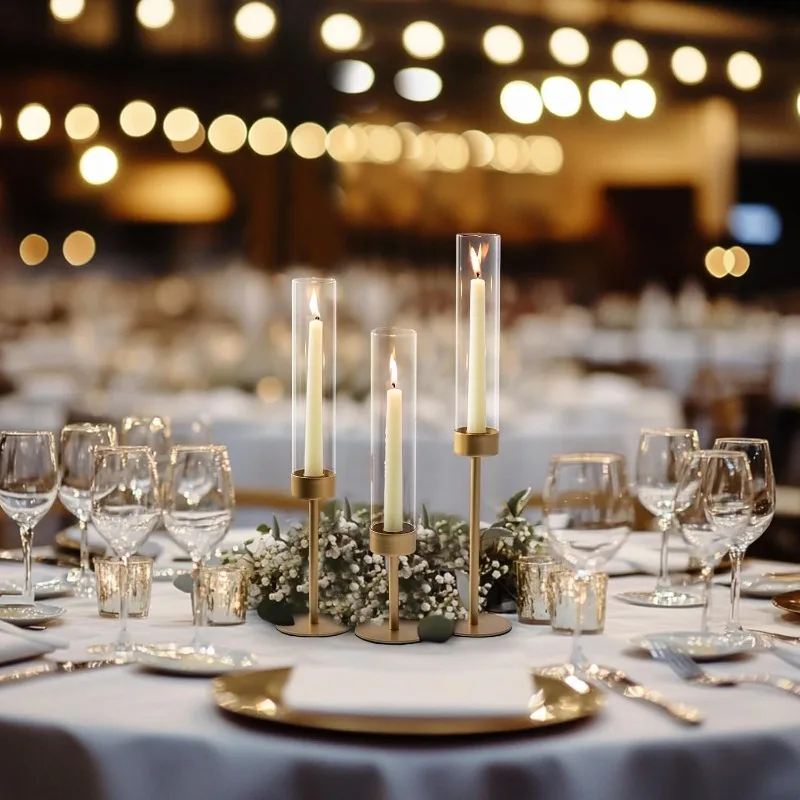 حامل شموع الإعصار لحفلات الزفاف: حامل شمعدان ذهبي 18 قطعة لقطع مركزية للطاولة - حامل عصا شموع زجاجية