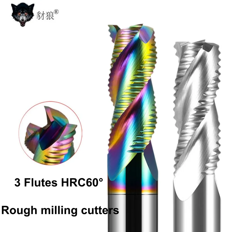 HRC60 Wave Edge Rough Milling Cutter DLC Colorful Coating Cutter 3 Flute Open-Coarse Aluminum Corn Milling Cutter
