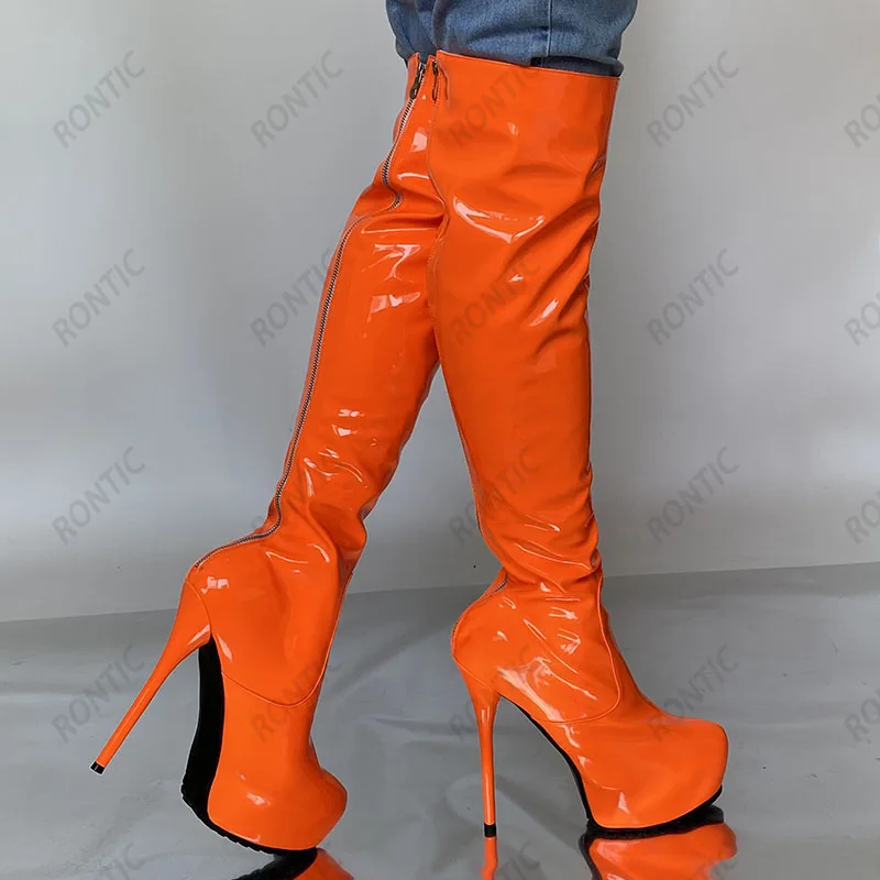 Rontic Handmade Women Winter Platform Knee Boots Back Zipper Patent Stiletto Heels Round Toe Black Cosplay Shoes US Size 5-20