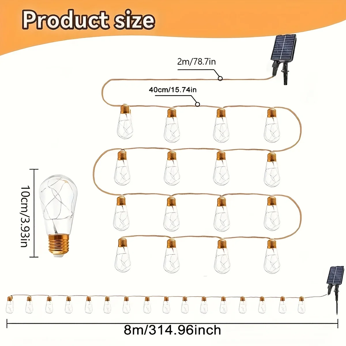 Cuerda de cáñamo alimentada por energía Solar, 8 modos de iluminación, bombillas S14 de 8M, 16 piezas, para exteriores, Patio, jardín, decoración de fiesta