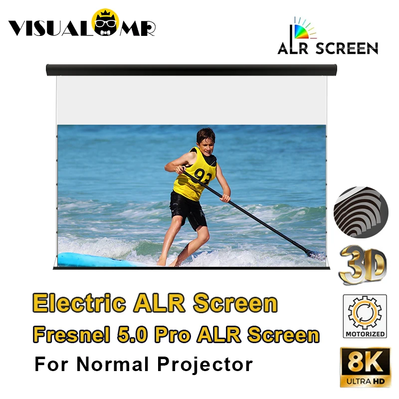 Electric Motorized Fresnel 5.0 Pro ALR Projector Screen with Floating Wall Mount 100inch 16:9 Projection for 4K Normal Projector