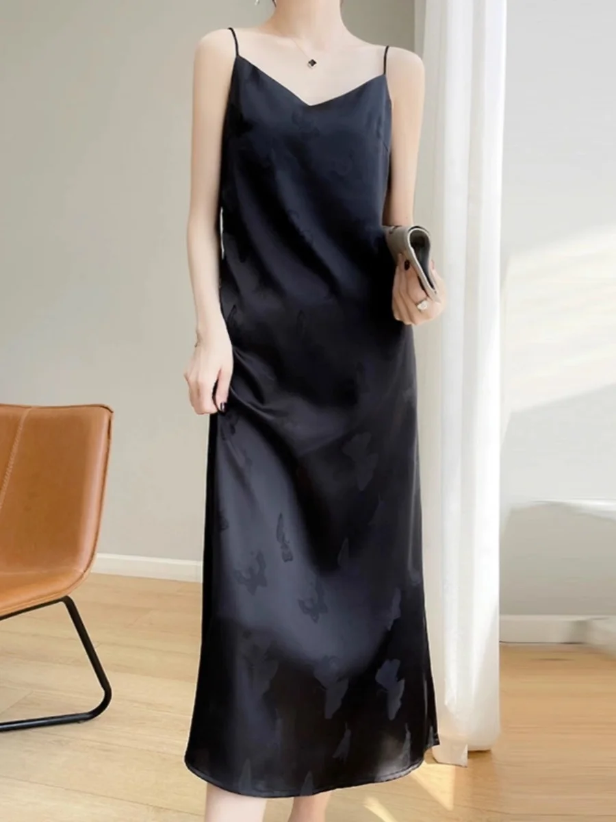 Ele Silk Long Dr Abito estivo da donna a vita alta a trapezio con stampa V-Ne Abito in acetato di raso Svel Bla Strapl Dr