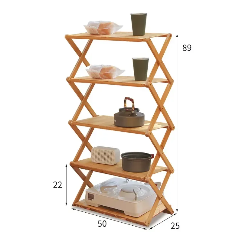 Portable Bamboo Wood Folding Storage Rack Multi Layer Outdoor Camping Picnic Shelf Organizer for Road Trip Travel Gear