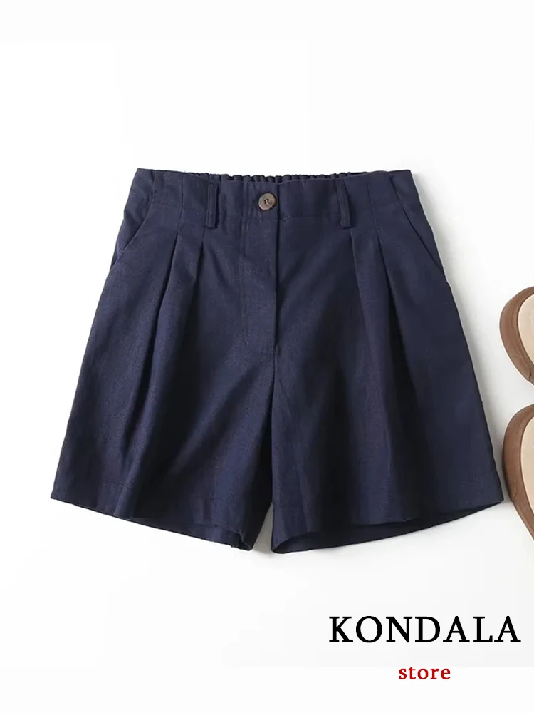 KONDALA Chic Solid Navy Blue Casual Basic All Match Women Shorts Folds New Fashion 2023 Summer Vintage Loose Wide Leg Shorts